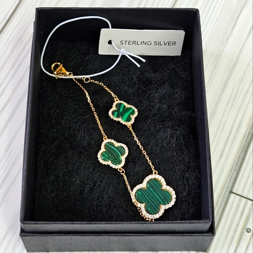 Rachel Zoe 3 Clover Alhambra Bracelet in GP Sterling Silver and Malachite NWT - Picture 8 of 8